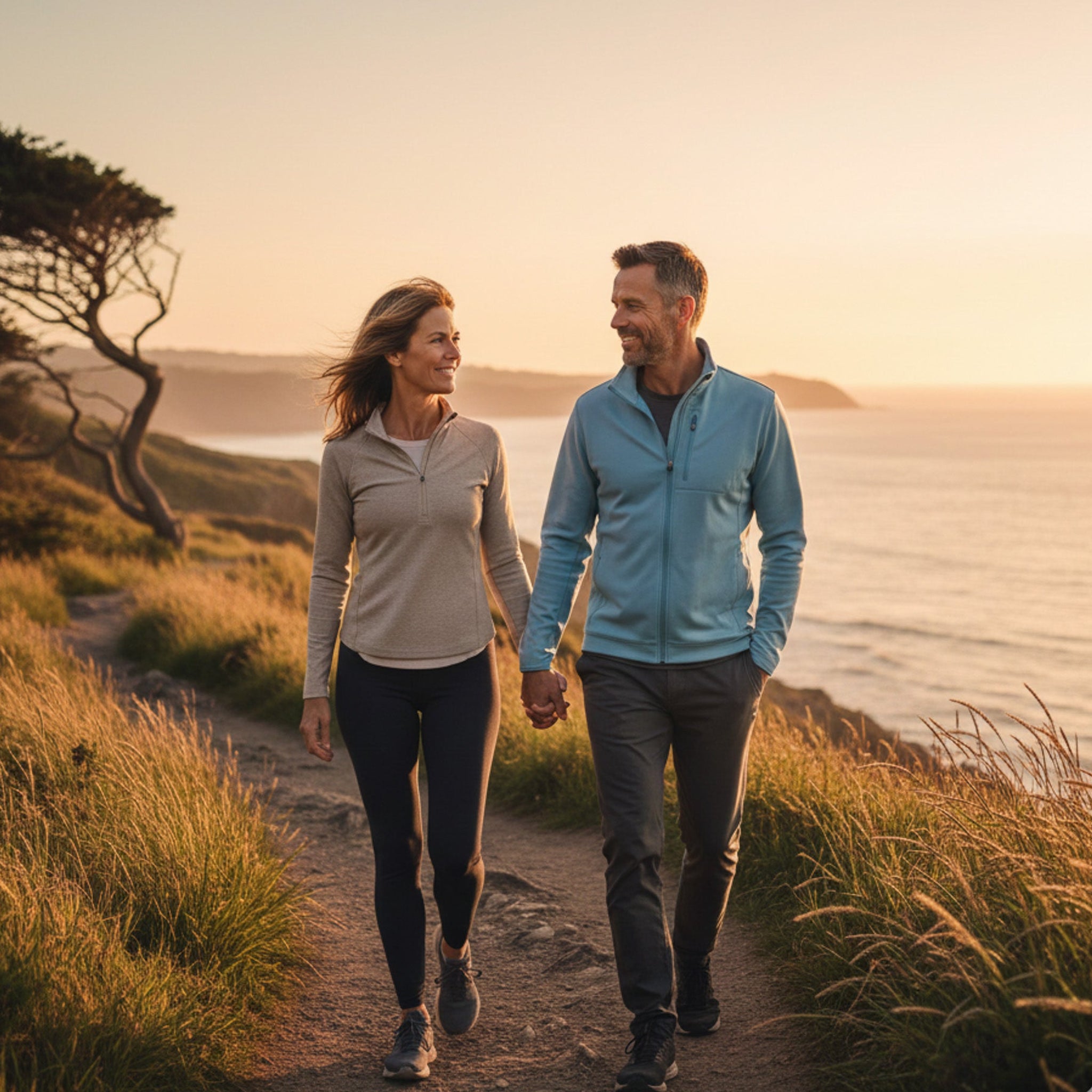 Couple walking hand in hand along a path by the ocean at sunset.