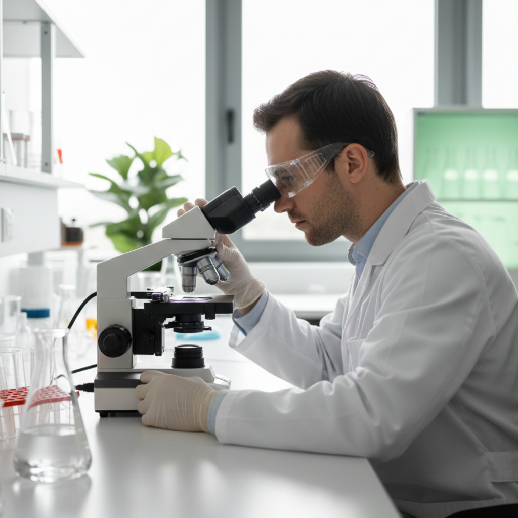 Scientist using a microscope in a laboratory setting