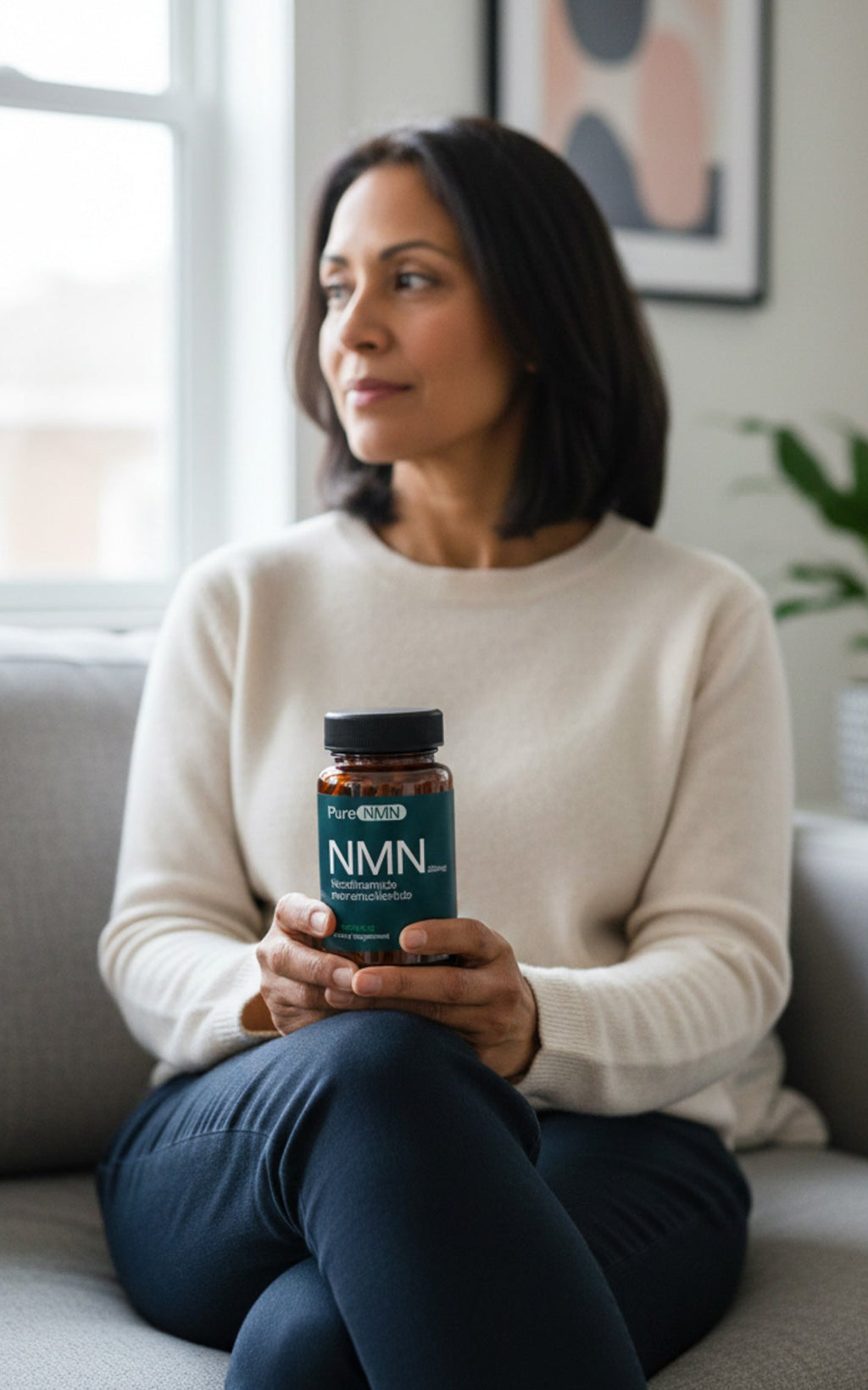 Woman holding a bottle of Pure NMN supplements on a couch.