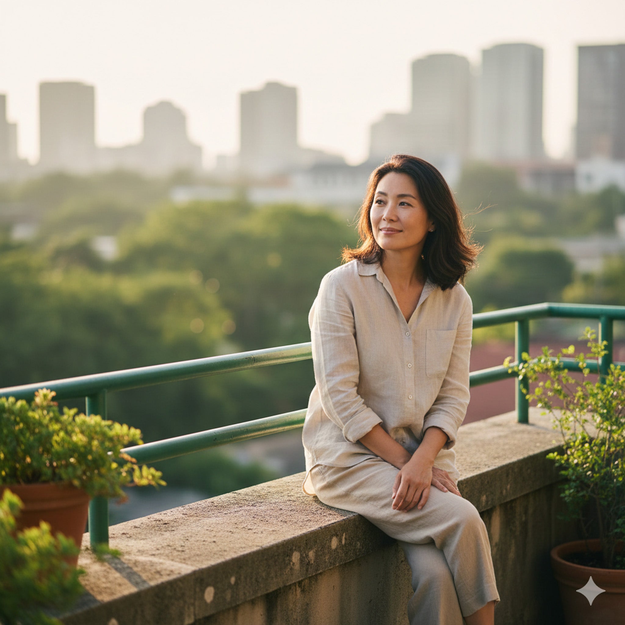 Woman sitting on a rooftop with cityscape and greenery in the background